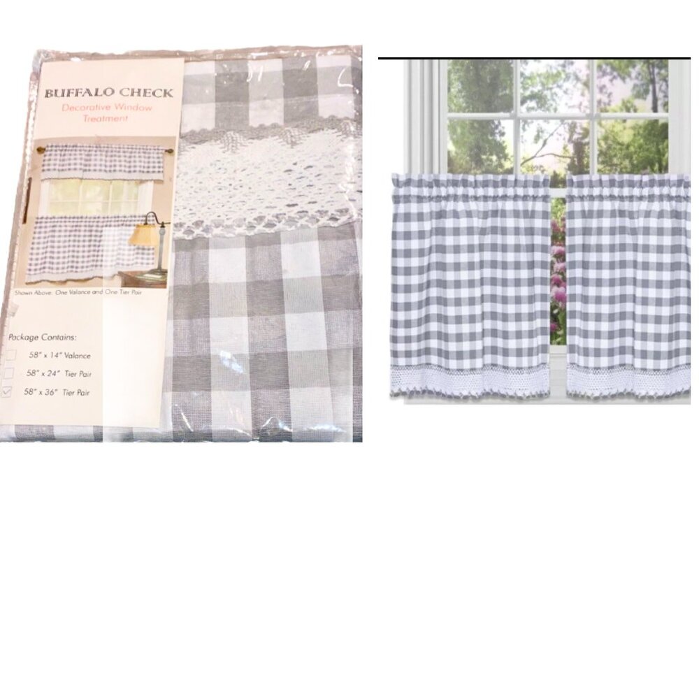 Buffalo Check Tier Pair Gray and White with Crochet Trim (valance not included)